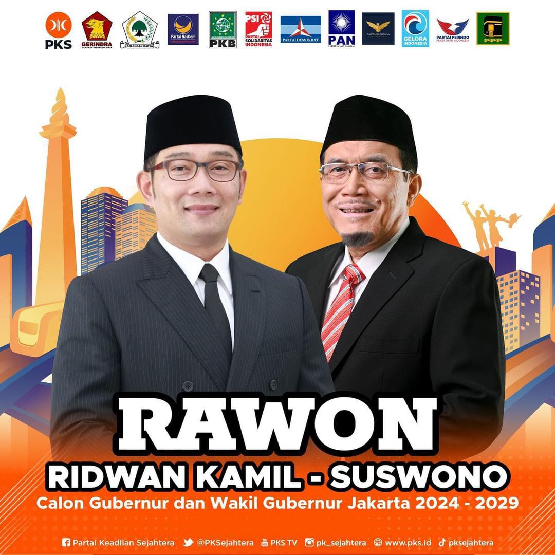 Unggahan poster RAWON sebagai akronim Ridwan Kamil dan Suswono sebagai paslon Pilkada Jakarta 2024 di akun official PKS @pk_sejahtera, Senin (19/8/2024)