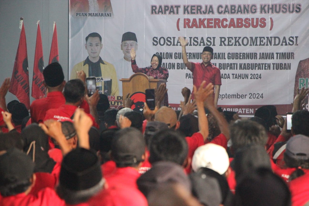 Risma dalam pidato politiknya di acara Rapat Kerja Cabang Khusus (Rakercabsus) DPC PDIP Kabupaten Tuban