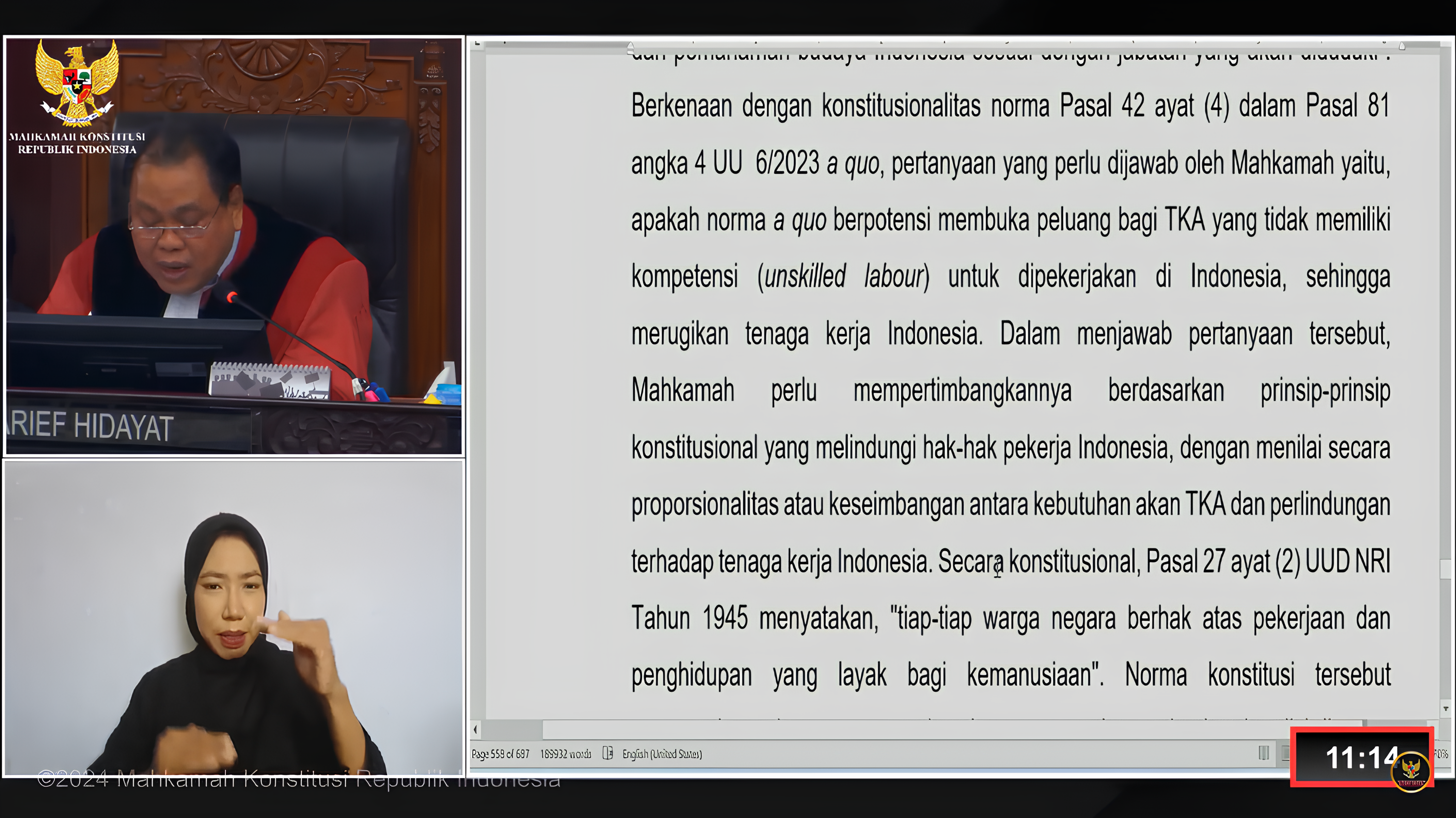 Hakim Konstitusi Arief Hidayat saat uji materi perkara nomor 169/PUU-XXI/2023 terkait gugatan terhadap UU Nomor 6/2023 tentang Cipta Kerja mengenai TKA. (Foto:Tangkapan Layar/ Ubay)