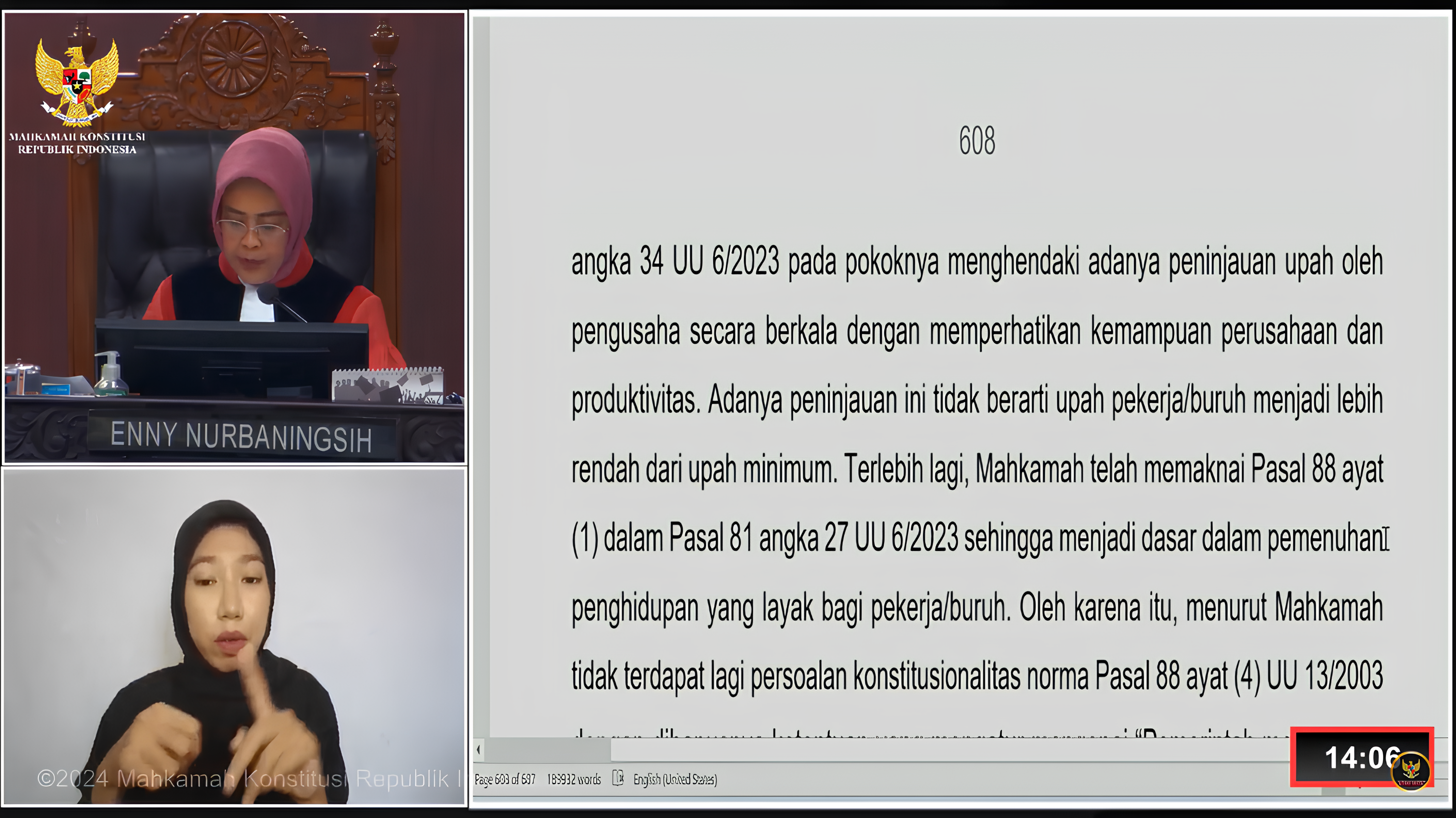 Hakim Konstitusi Enny Nurbaningsih saat sidang uji materi perkara nomor 169/PUU-XXI/2023 terkait gugatan terhadap UU Nomor 6/2023 tentang Cipta Kerja. (Foto:Tangkapan Layar/ Ubay)