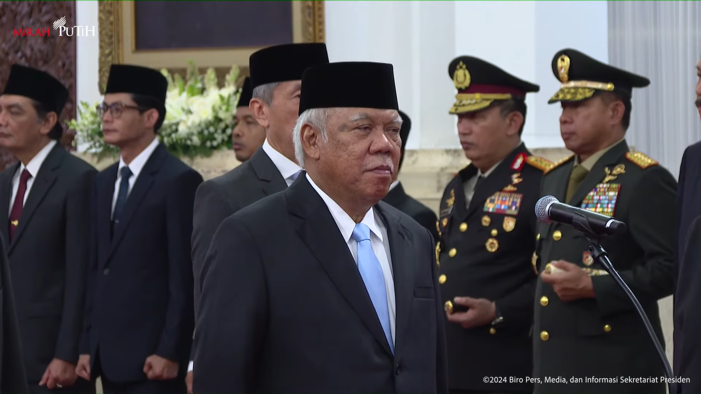 Basuki Hadimuljono saat pengambilan sumpah jabatan sebagai Kepala OIKN, Selasa (5/11/2024) di Istana Negara, Jakarta. (Foto:Tangkapan layar/ Ubay)