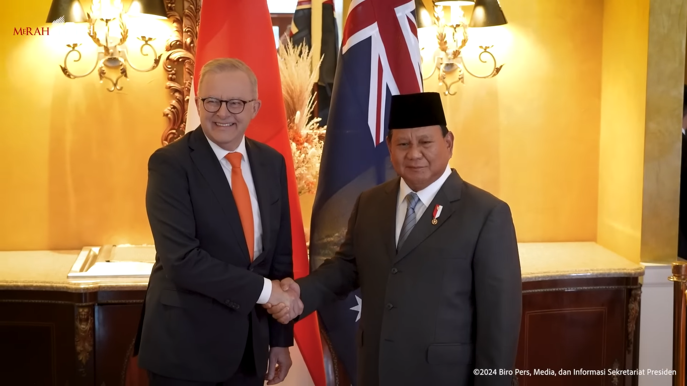 Presiden RI Prabowo Subianto (kanan) menerima kunjungan PM Australia Anthony Albanese di Lima, Peru, Kamis (14/11/2024) waktu setempat. (Foto:Tangkapan layar/ Ubay)