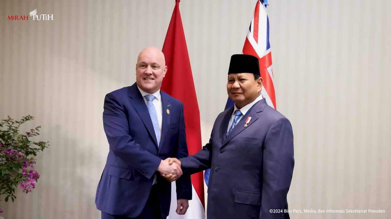 Presiden RI Prabowo Subianto menerima PM Selandia Baru Christopher Luxon di sela-sela KTT APEC di Lima, Peru, Jumat (15/11/2024) waktu setempat. (Foto:Tangkapan layar/ Ubay)