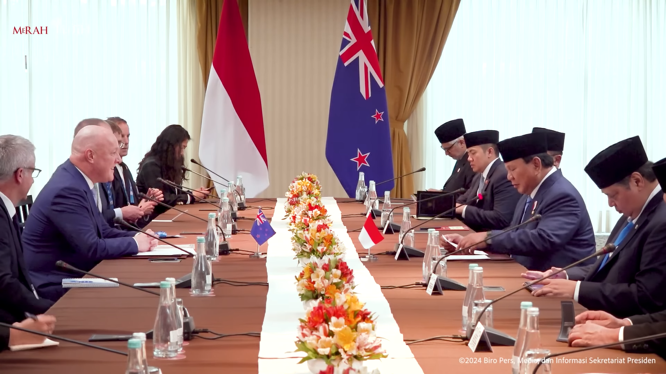 Pertemuan bilateral Presiden RI Prabowo Subianto dengan PM Selandia Baru Christopher Luxon di sela-sela KTT APEC di Lima, Peru, Jumat (15/11/2024) waktu setempat. (Foto:Tangkapan layar/ Ubay)