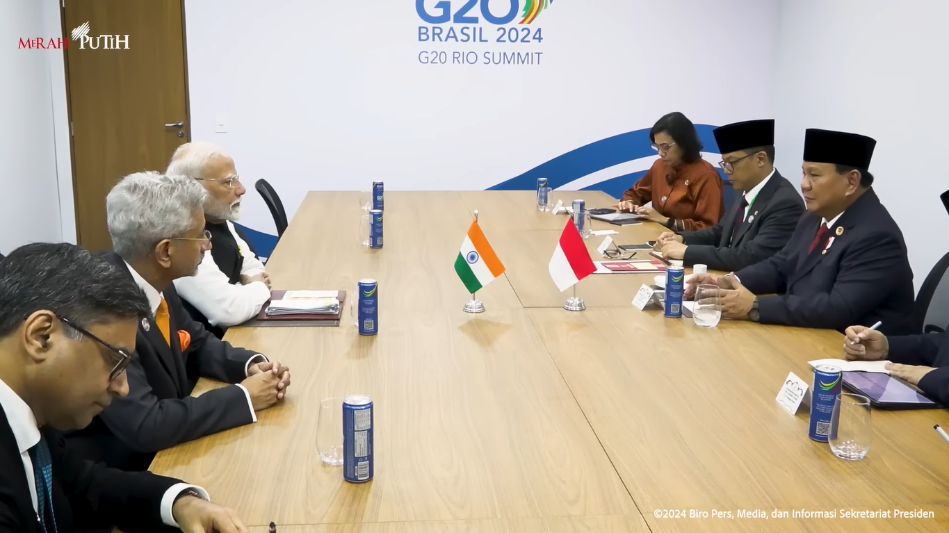 Presiden RI Prabowo Subianto melangsungkan pertemuan bilateral dengan PM India Narendra Modi di sela KTT G20 di Rio de Janeiro, Brasil pada Senin (18/11/2024) waktu setempat. (Foto:Tangkapan layar/ Ubay)