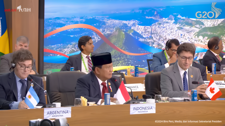 Presiden RI Prabowo Subianto saat berbicara pada sesi pertama KTT G20 di Rio de Janeiro, Brasil, Senin (18/11/2024) waktu setempat. (Foto:Tangkapan layar/ Ubay)