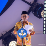 Mendikdasmen RI, Abdul Mu'ti menyampaikan laporan dalam acara puncak peringatan HGN 2024 di Vellodrome, Jakarta, Kamis (28/11/2024). (Foto:Tangkapan layar/ Ubay)