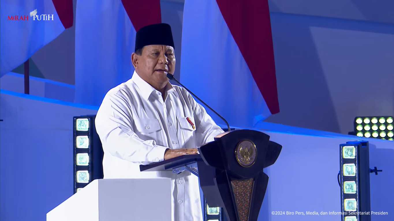 Presiden RI Prabowo Subianto menyampaikan sambutan dalam acara puncak peringatan HGN 2024 di Vellodrome, Jakarta, Kamis (28/11/2024). (Foto:Tangkapan layar/ Ubay)