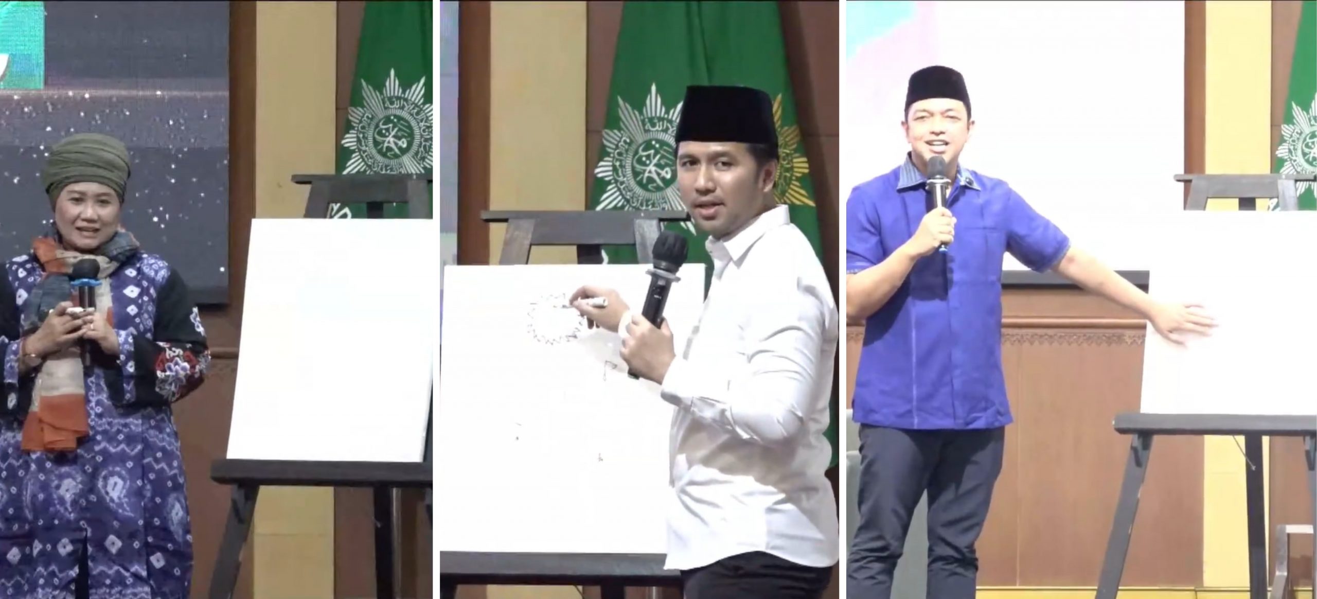 Dari kiri: Cagub Jatim nomor urut 1 Luluk Nur Hamidah, cawagub Jatim nomor urut 2 Emil Elestianto Dardak, serta Cawagub Jatim nomor urut 3 Zahrul Azhar Asumta (Gus Hans) menjelaskan makna lukisannya dalam forum Diskusi Cagub-Cawagub Jatim Bersama Aisyiyah Jatim di Aula KH Mas Mansur PWM Jatim, Surabaya, pada Sabtu (9/11/2024). (Foto:Ubay)