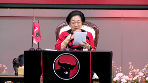 Ketua Umum PDIP Megawati Soekarnoputri saat berpidato dalam peringatan HUT ke-52 PDIP di Jakarta, Jumat (10/1/2025). (Foto:Ubay)