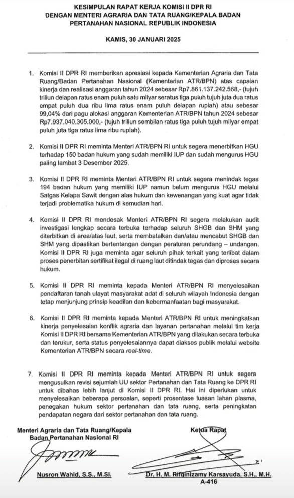 Draft kesimpulan hasil Raker Komisi II DPR RI dengan Menteri ATR/BPN Nusron Wahid, Kamis (30/1/2025). (Foto:Zulfikar Arse Sadikin)