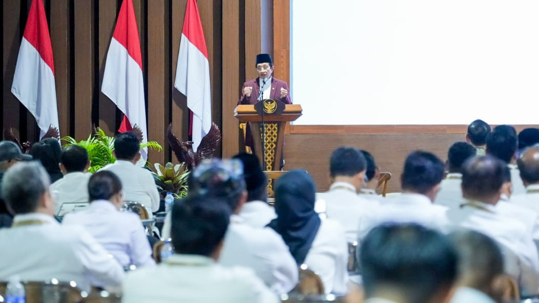 Menag RI Nasaruddin Umar, saat memaparkan materi dalam giat Retreat Kepala Daerah di Akmil Magelang, Jawa Tengah, pada Rabu (26/2/2025). (Foto: Kemenag RI)