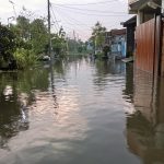 Banjir dengan ketinggian mencapai sekitar 40 sentimeter di salah satu kompleks perumahan di Desa Kalipecabean, Candi, Sidoarjo, Sabtu (1/3/2025). (Foto: Ubay NA)