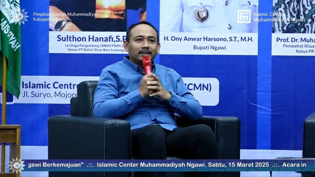 Bupati Ngawi Ony Anwar Harsono menghadiri Kajian Ramadan 1446 Hijriah bertajuk 'Baldah Thayyibah Menuju Ngawi Berkemajuan', yang digelar Pimpinan Daerah Muhammadiyah Ngawi di Islamic Centre Muhammadiyah Ngawi (ICMN), Sabtu (15/3/2025). (Foto: Tangkapan layar/ Ubay NA)