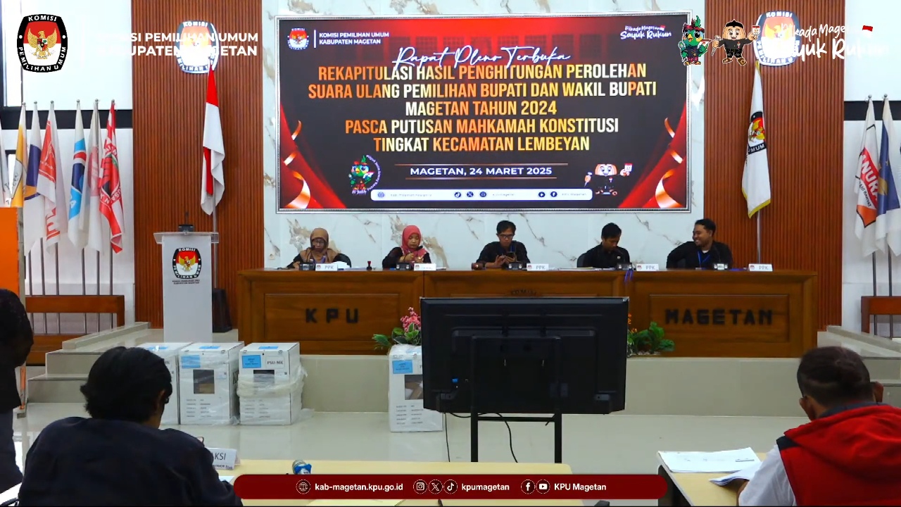 Rapat Pleno Terbuka Rekapitulasi Penghitungan Perolehan Suara Pilkada Magetan 2024 Pasca PSU, Senin (24/3/2025). (Foto: KPU Magetan)