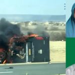 Foto kiri: Bus rombongan jemaah umrah Indonesia terbakar hebat usai mengalami tabrakan dan terbalik. Foto kanan: Dua korban jiwa asal Bojonegoro, Jawa Timur, yakni dr Dian Novita (atas) dan Eny Soedarwati (bawah).