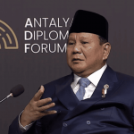 Presiden RI Prabowo Subianto ketika menjadi pembicara dalam Antalya Diplomacy Forum (Forum Diplomasi Antalya/ADF) di Turki, Jumat (11/4/2025) waktu setempat. (Foto: Ubay NA/ IST)