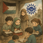 Ilustrasi bantuan pendidikan dari Muhammadiyah untuk Palestina. (Foto: ChatGPT/HAMKA)