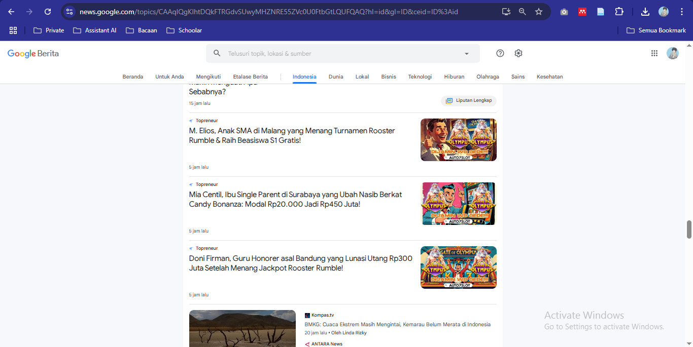 Tangkapan layar pencarian Google News, menampilkan beberapa hasil terkait judi online. (Foto: Zaki/ IST)