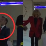 Presiden Prancis Emmanuel Macron dan istrinya Brigette, saat akan menuruni tangga pesawat di Hanoi, Vietnam. (Foto: Tangkapan layar/ Ubay NA)