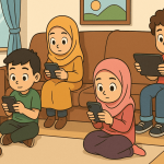 Anak-anak kecanduan gadget yang asyik dengan gawainya masing-masing. (Ilustrasi: Ubay NA/ IST)