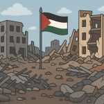 Kehancura di Gaza, Palestina, akibat gempuran dan invasi militer Israel sejak 7 Oktober 2023 lalu. (Ilustrasi: Ubay NA/ IST)