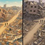 Ilustrasi puing-puing akibat sebruan Israel ke Gaza Palestina. Senator AS menilai pengusuran warga dari Gaza merupakan pembersihan etnis. Foto diolah SORA