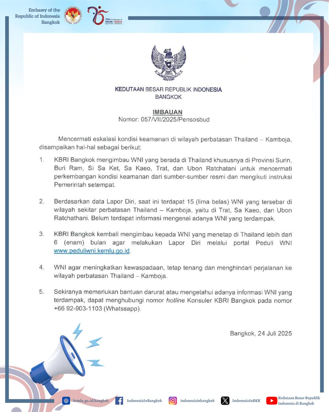 Imbauan KBRI di Bangkok kepada para WNI di Thailand. (Foto: KBRI)