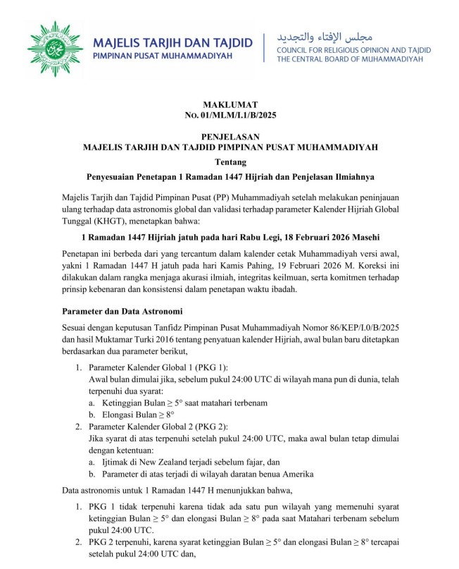 Halaman 1 Maklumat MTT PP Muhammadiyah tentang Penyesuaian Penetapan 1 Ramadan 1447 Hijriah.