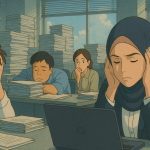 Para pekerja mengalami stres kerja akibat beban kerja yang menumpuk di tempat kerjanya. (Ilustrasi: Ubay NA/ IST)