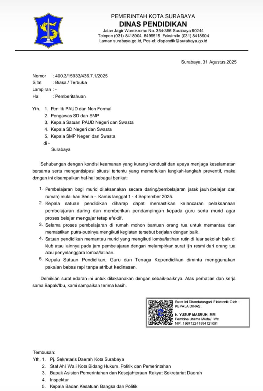 Edaran Dinas Pendidikan Kota Surabaya.