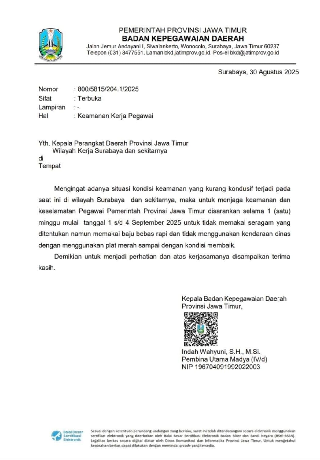 Imbauan BKD Pemprov Jatim