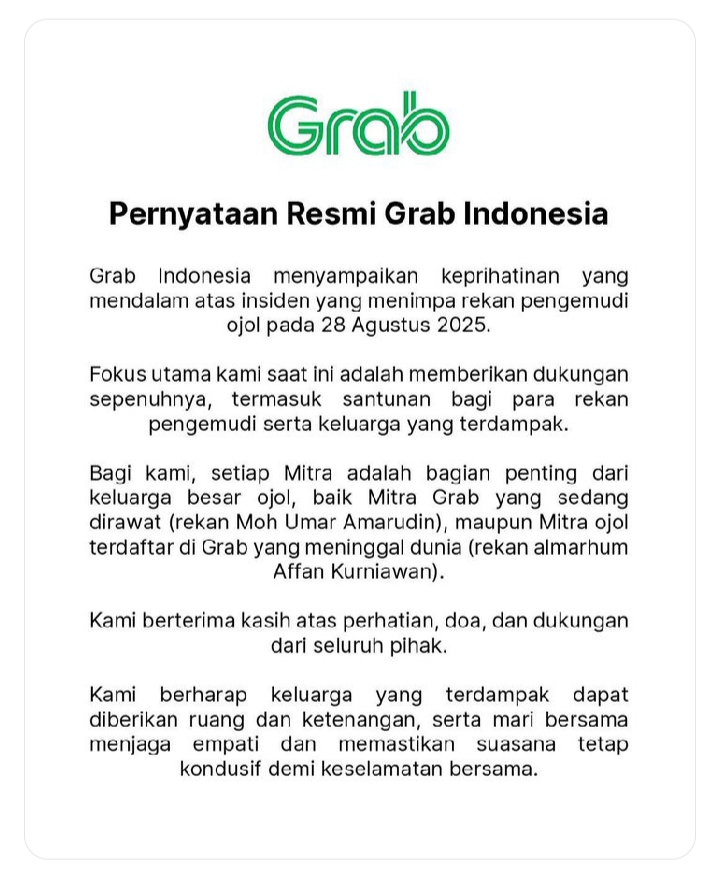 Pernyataan resmi Grab Indonesia.