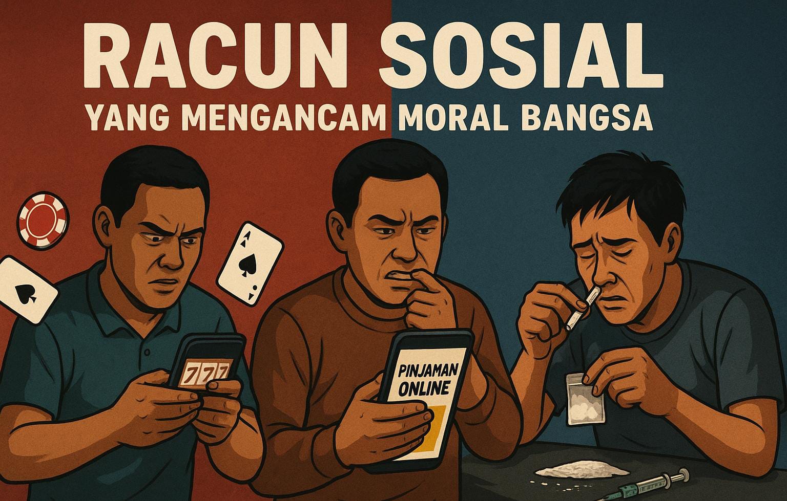 Judol, pinjol, dan narkoba, menjadi racun sosial yang merusak generasi dan moralitas bangsa. (Ilustrasi: SORA)