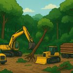 Ilustrasi alat-alat berat memasuki hutan dan merusak ekosistem hutan. Dibuat menggunakan SORA.