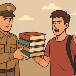 Penyitaan buku oleh aparat kepolisian. (Ilustrasi dibuat menggunakan SORA)