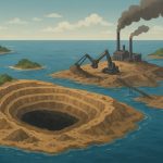 Kerusakan alam akibat aktivitas industri ekstraktif pertambangan. (Ilustrasi dibuat menggunakan SORA)