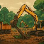 Alat-alat berat masuk dan merusak hutan. (Ilustrasi: SORA)