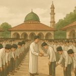 Para santri menyambut dan menyalami kiai satu persatu. (Ilustrasi dibuat menggunakan SORA)