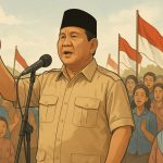 Presiden RI Prabowo Subianto berpidato di tengah-tengah masyarakat. (Ilustrasi dibuat menggunakan SORA)