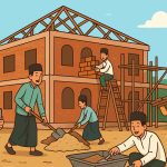 Para santri sedang kerja bakti membantu pembangunan fasilitas di pesantren. (Ilustrasi dibuat menggunakan SORA)