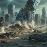 Banjir melanda dan menghancurkan sejumlah bangunan. (Ilustrasi dibuat menggunakan SORA)