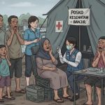 Penyintas bencana sedang memeriksakan kesehatan gigi di posko kesehatan di sekitar lokasi bencana. (Ilustrasi dibuat menggunakan SORA)
