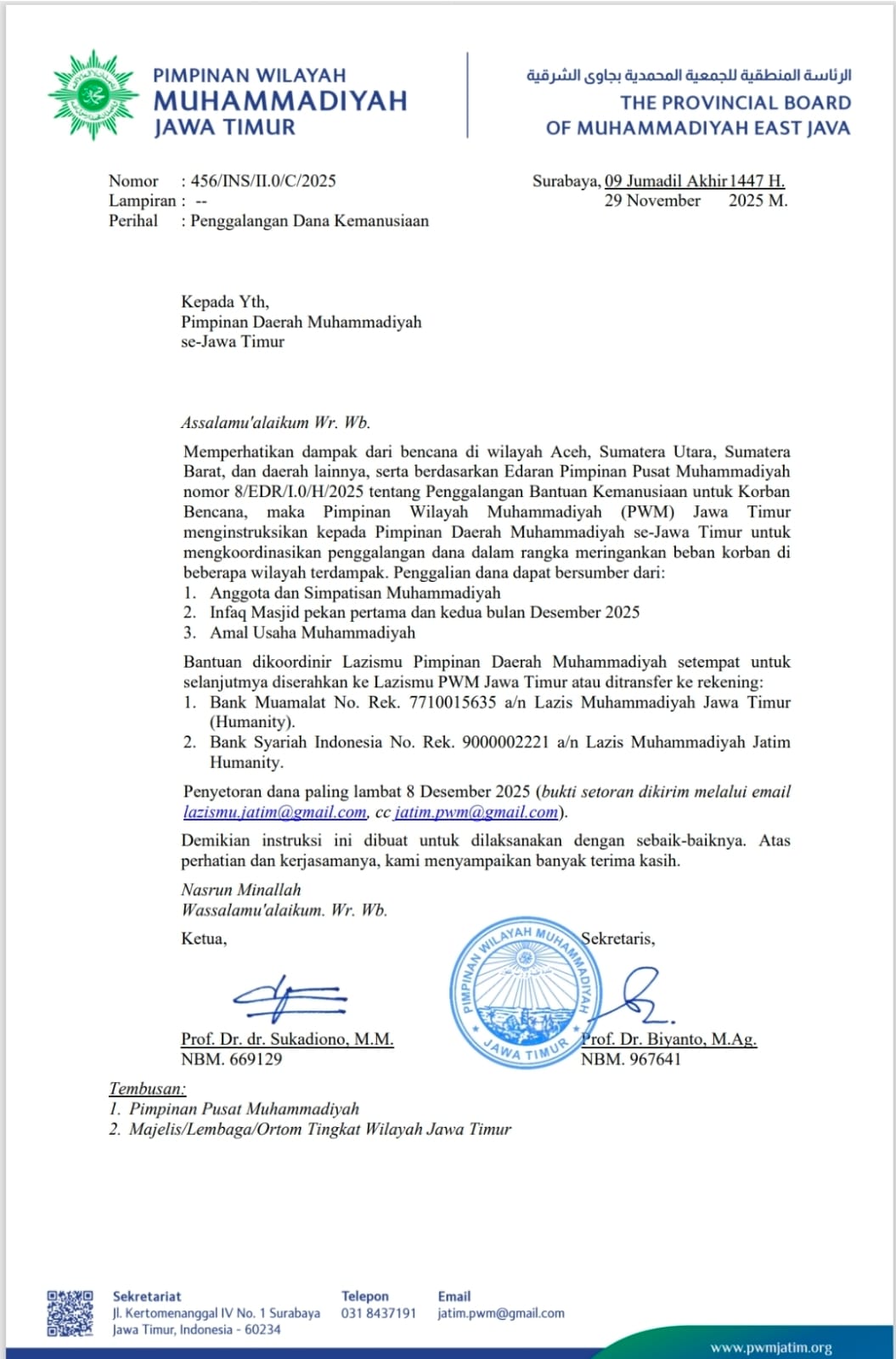 Surat instruksi PWM Jatim untuk menggalang dana kemanusiaan.