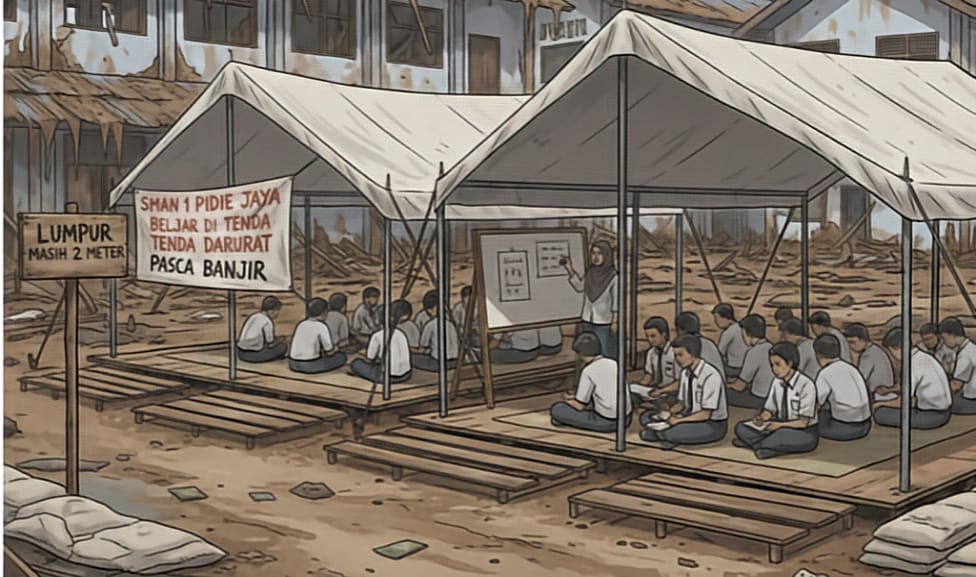 Sekolah Terendam Lumpur 2 Meter, Ratusan Pelajar SMA di Pidie Jaya Terpaksa Belajar di Tenda Darurat