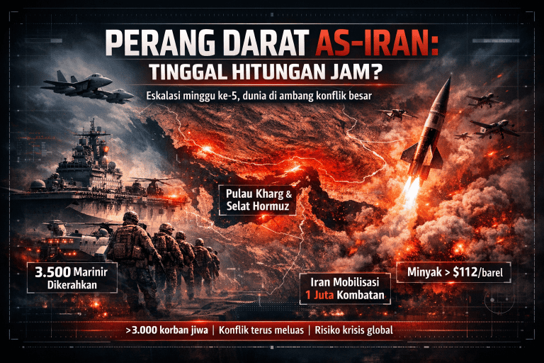 Infografik perang darat AS vs Iran. (Ilustrasi diolah menggunakan SORA)