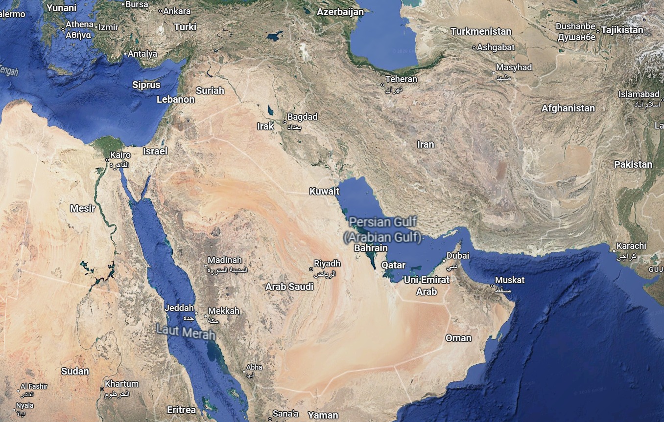 Peta kawasan Timur Tengah yang kini tengah bergejolak, usai perang yang meletus antara AS-Israel dan Iran, sejak Sabtu (28/2/2026). (Foto: Google Maps)