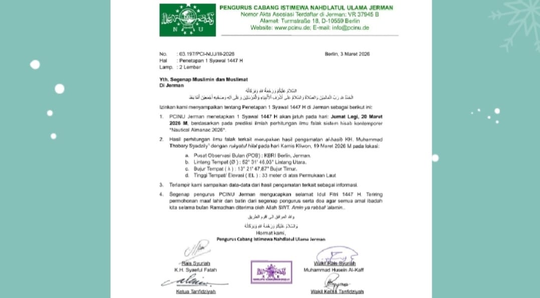 PCINU Jerman Tetapkan Idul Fitri 20 Maret 2026, Berdasarkan Hisab dan Rencana Rukyatul Hilal