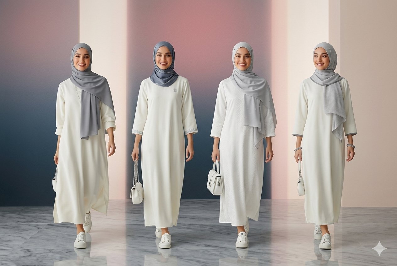 Gaun Putih dan Hijab Abu-Abu, Style Simpel Auto Elegan