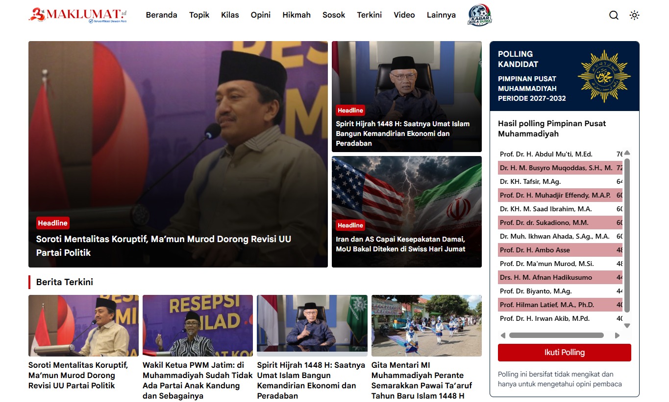 Tampilan homepage Maklumat.id dengan fitur polling PP Muhammadiyah.